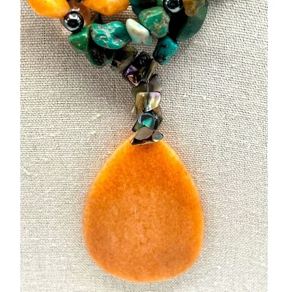 Vintage Multi-Strand Gemstone Necklace With Large Peach Jade Pendant - Picture 2 of 11